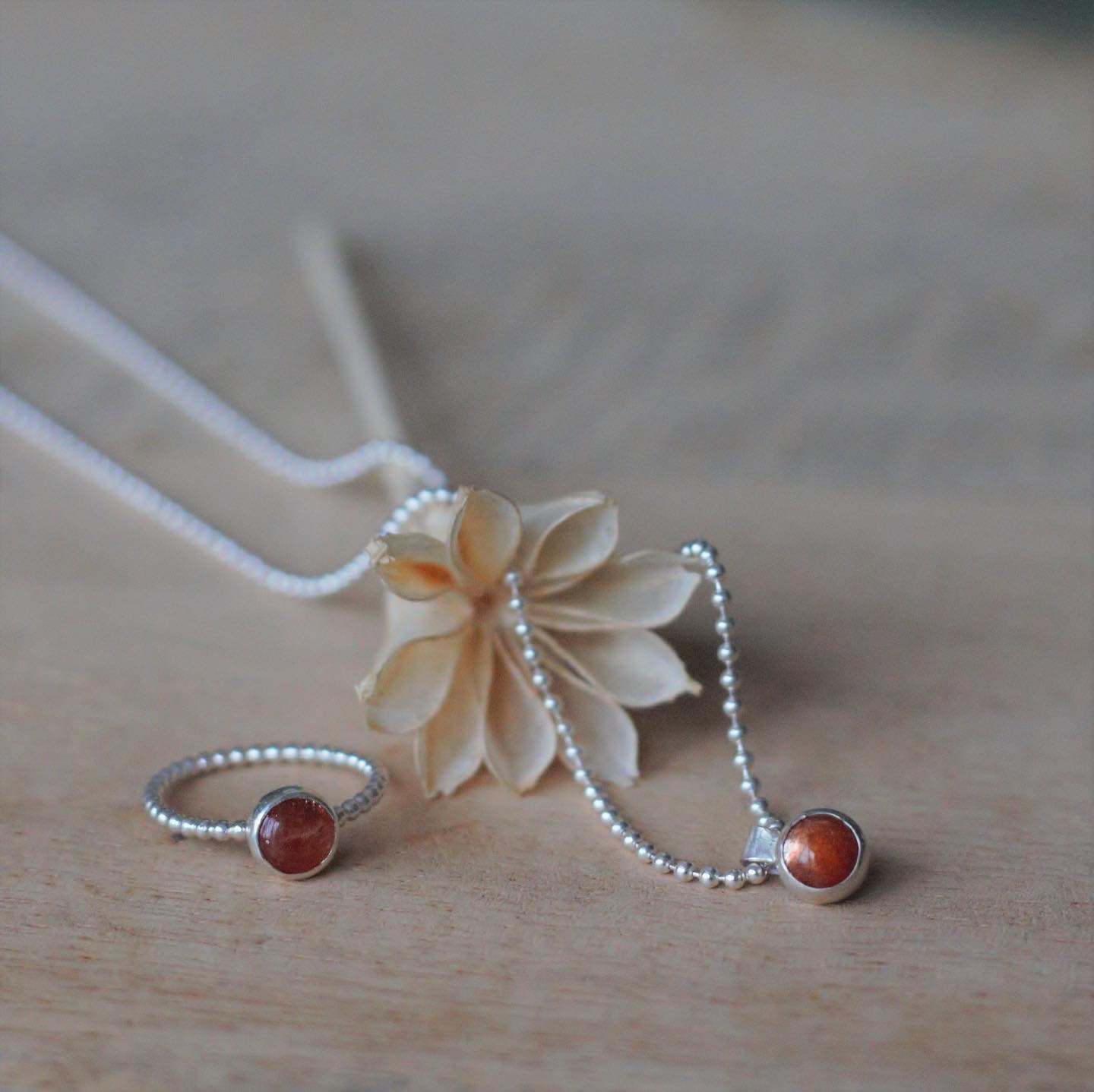 Zilveren ketting en ring op tafel met droogbloemen