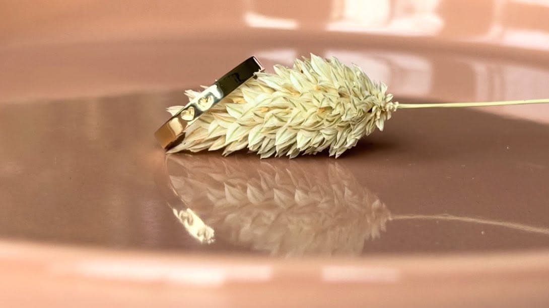 Gouden ring met kleine heldere steen op perzikkleurig vlak bij droogbloem
